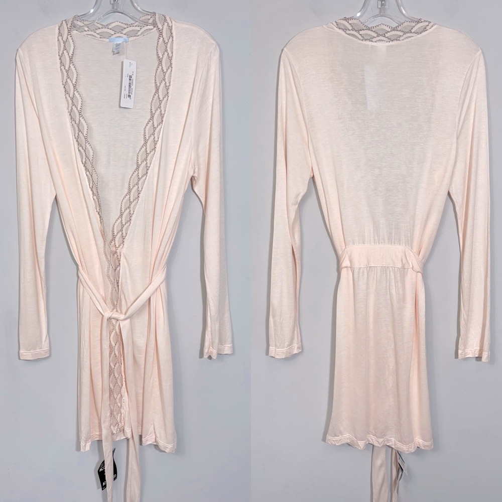 NWT EBERJEY Mabel Wrap Front Jersey Robe with Wide Lace Trim Pink Peach L Large - Picture 6 of 15